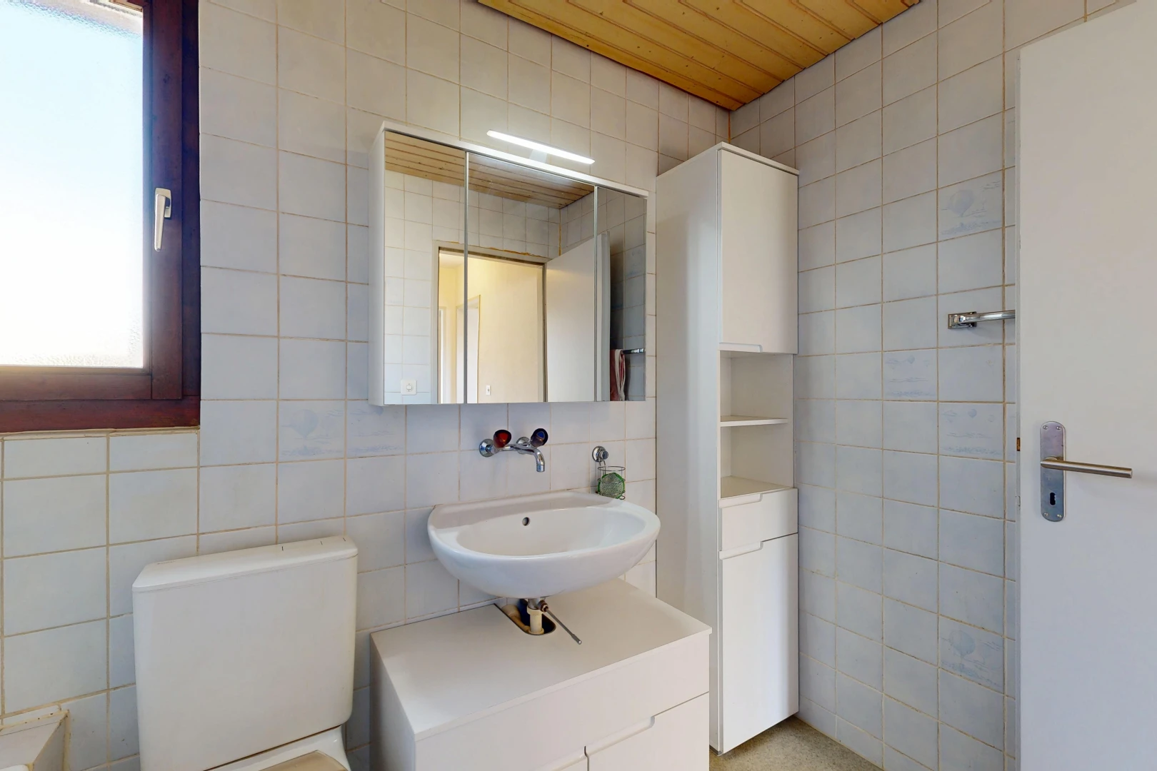 salle de bains avec toilette, mur en carrelage, tile wall, miroir, et évier