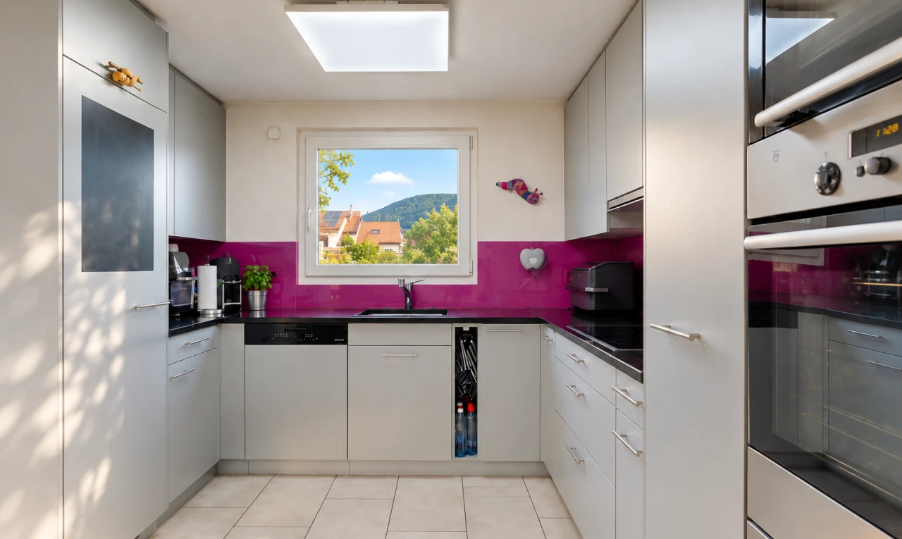 cuisine avec four, plans de travail, dark countertops, light floor, et lumière naturelle