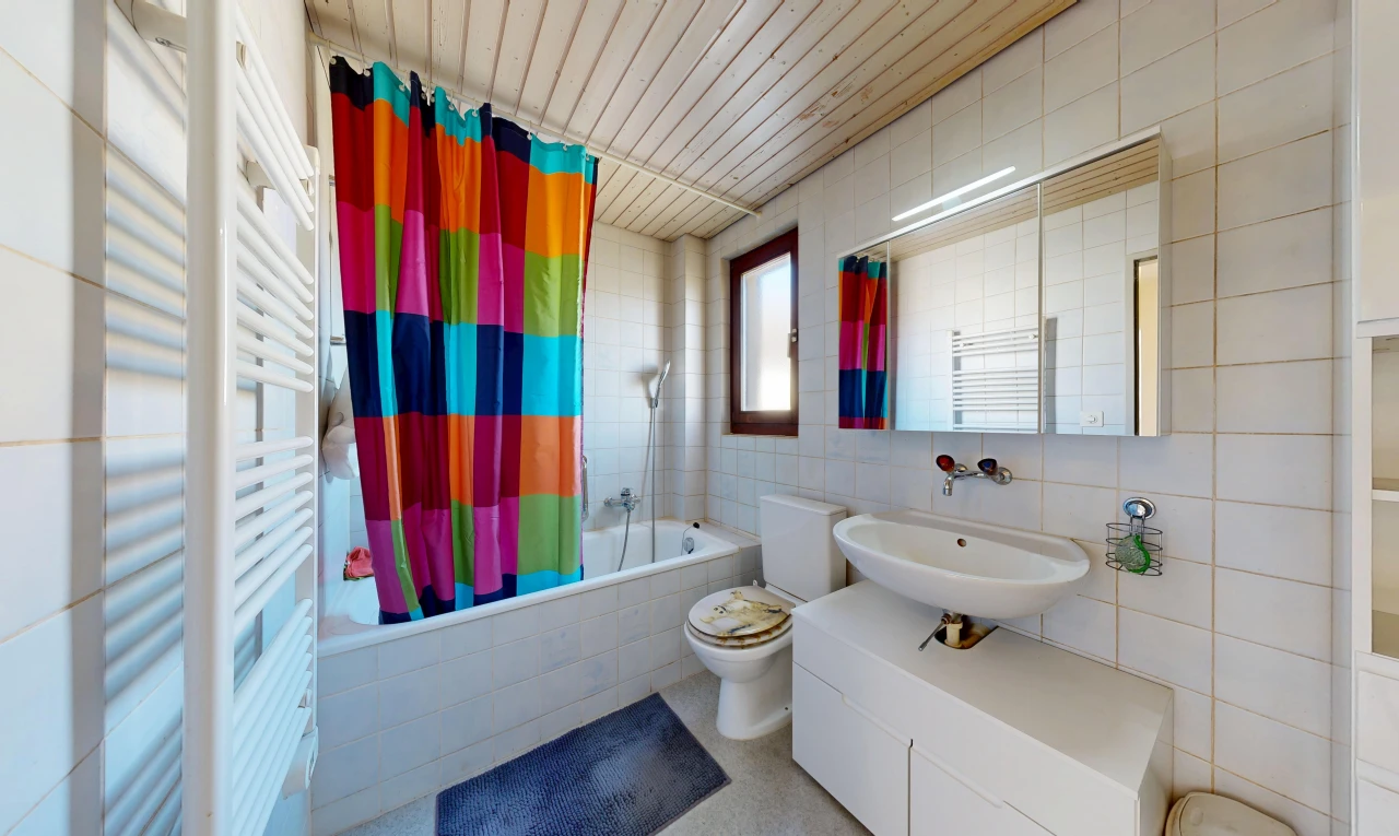 salle de bains avec chauffe-serviettes, radiateur, miroir, douche-bain combinés, et salle de bain complète