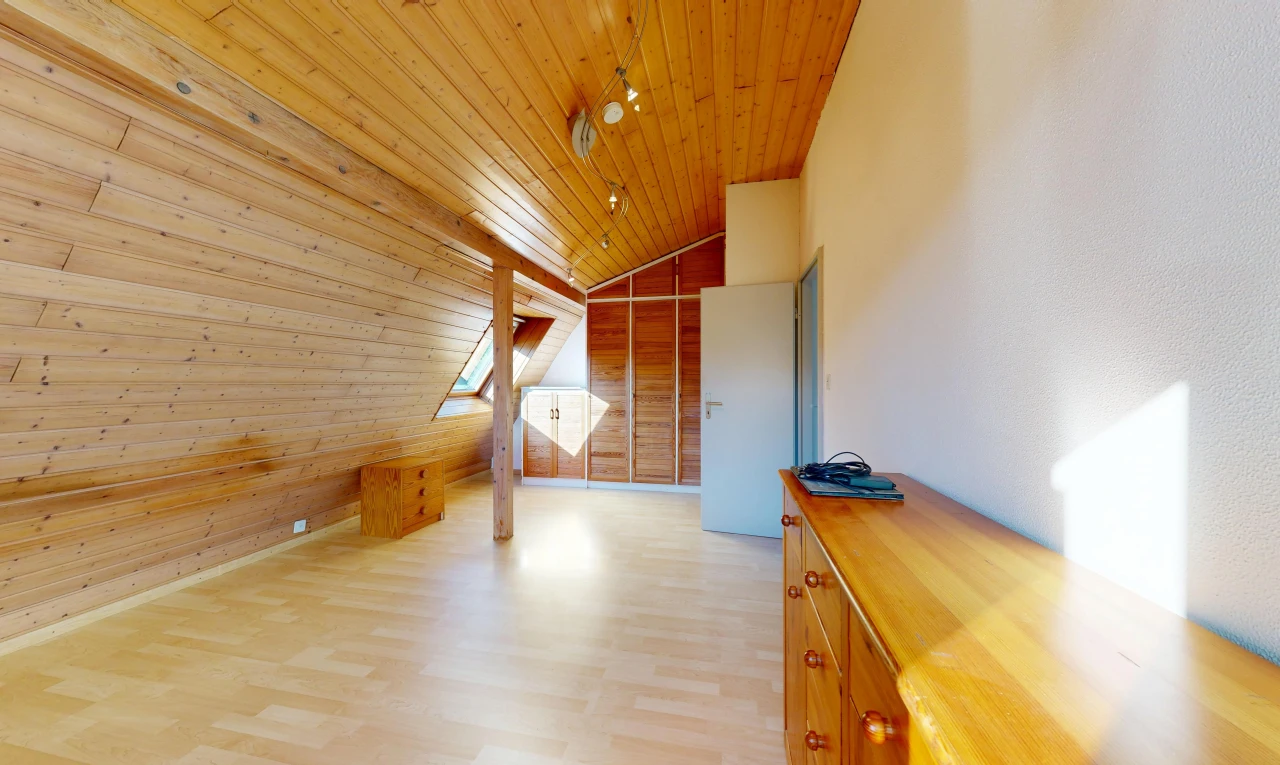 pièce vide avec plafond voûté, vaulted ceiling, plafond en bois, wood ceiling, et mur en bois