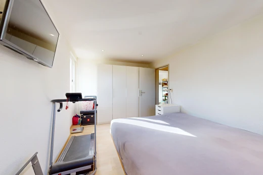 chambre avec télévision, cloison sèche, drywall, et placard