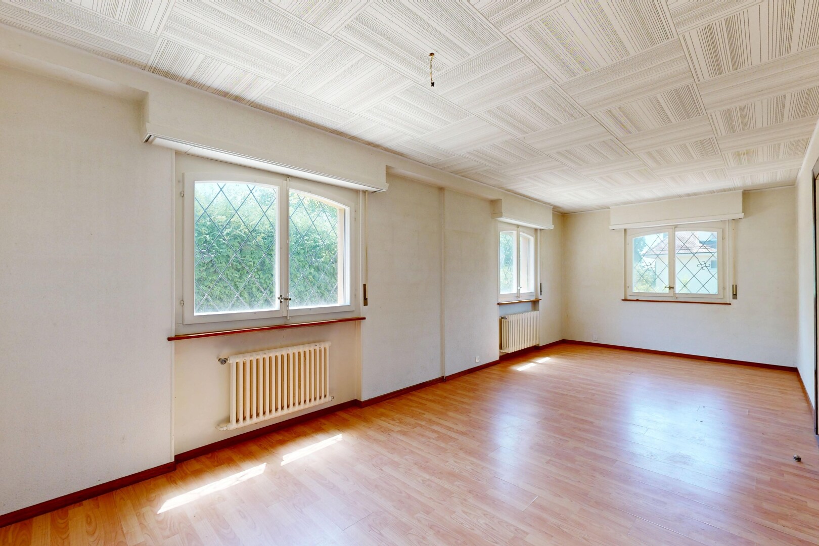leerer raum mit holzfußboden, wood finish floor, kühler, inside property, und natürliches licht
