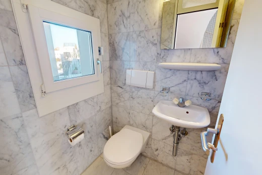 bad mit toilette, natürliches licht, fliesenwand, und spiegel