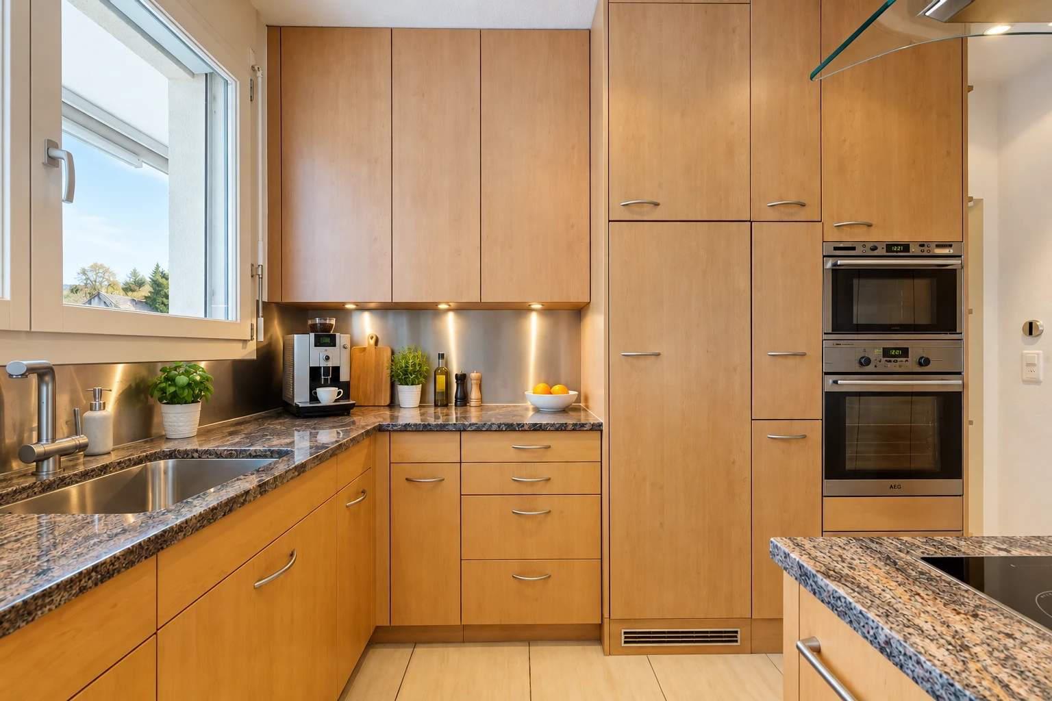 küche mit stone countertops, stein arbeitsplatten, light floor, dark countertops, und waschbecken