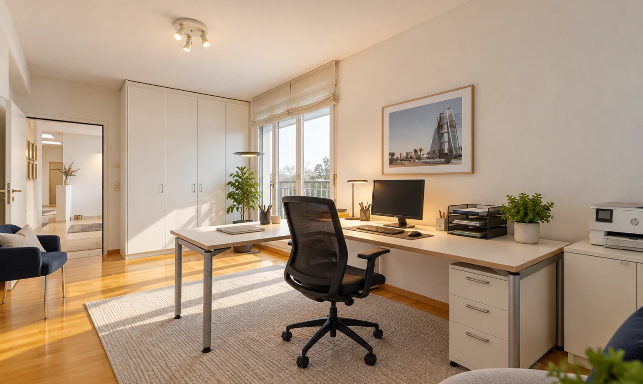 büro mit fernseher, light floor, gipskartonwand, drywall, und holzfußboden