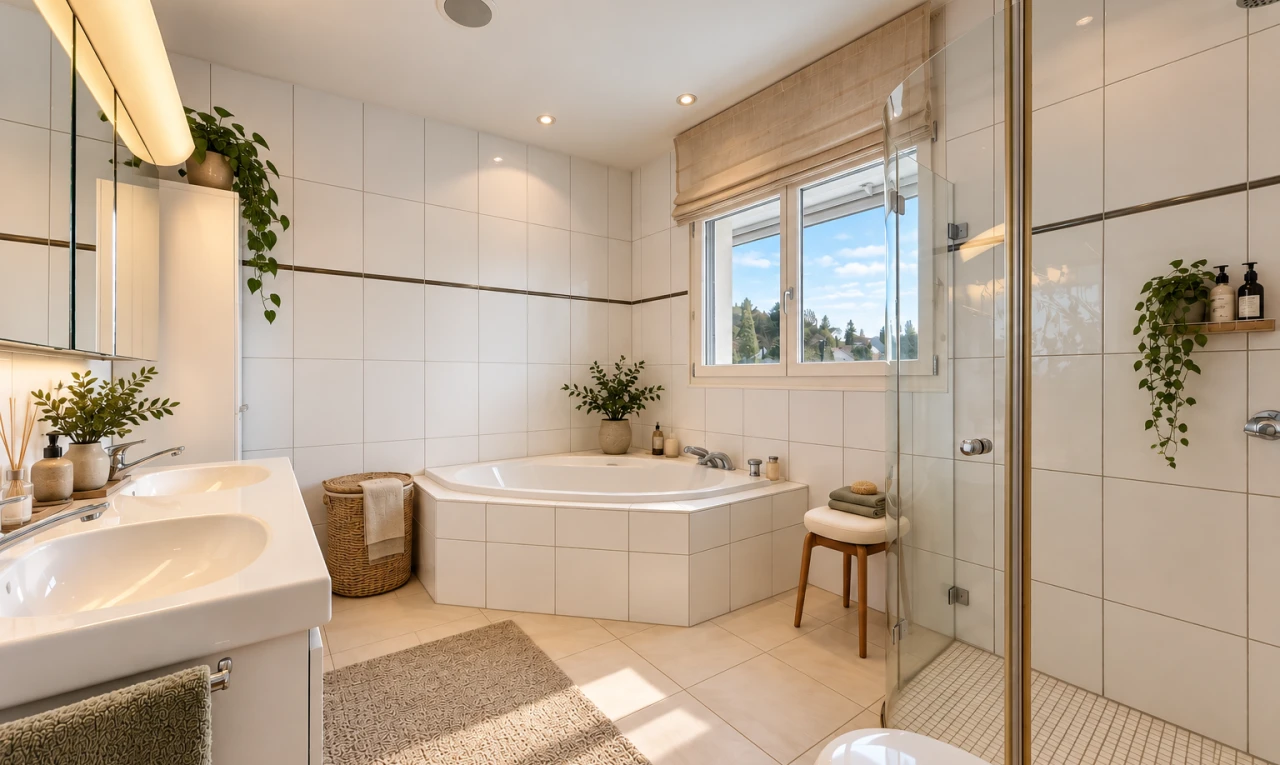 bad mit dusche, komplettes badezimmer, tile wall, fliesenwand, und spiegel