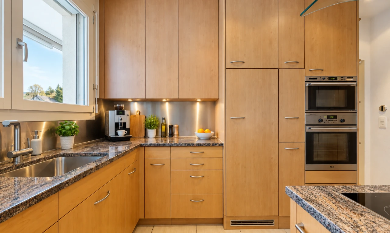 küche mit stone countertops, stein arbeitsplatten, light floor, dark countertops, und waschbecken