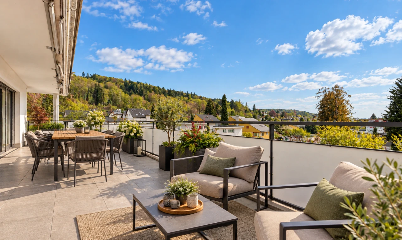 terrasse mit essbereich im freien, view focus, wohnraum im freien, from property, und day time