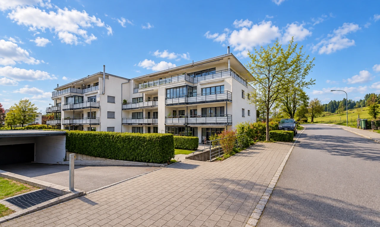 außenansicht mit straßenlaternen, from community, apartment complex view, blick auf wohnanlage, und day time