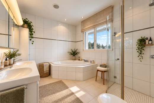 bad mit dusche, komplettes badezimmer, tile wall, fliesenwand, und spiegel