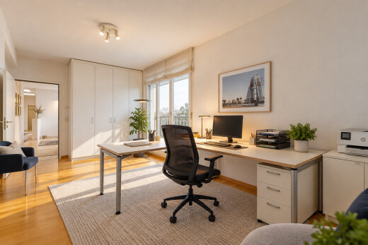 bureau avec télévision, light floor, cloison sèche, drywall, et sol en finition bois