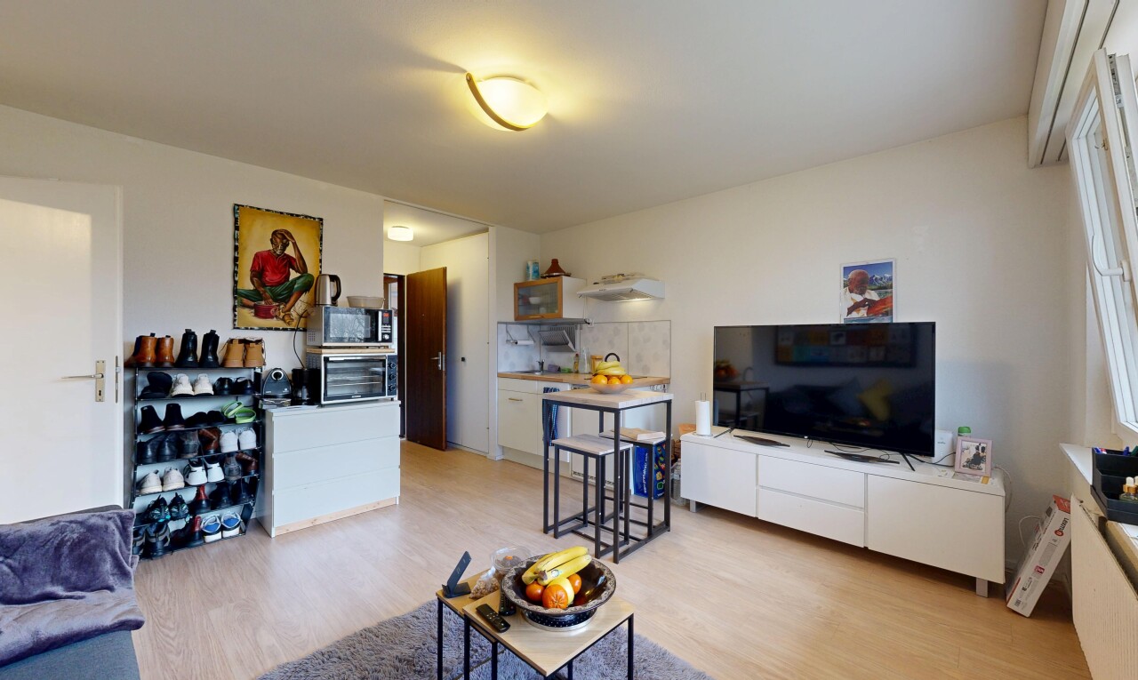 wohnzimmer mit fernseher, holzfußboden, wood finish floor, inside property, und gipskartonwand