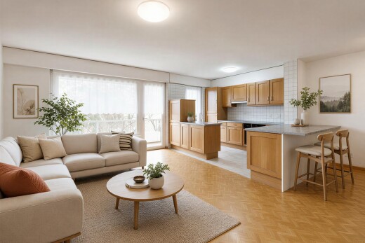 salon avec light floor, sol en finition bois, wood finish floor, cloison sèche, et drywall
