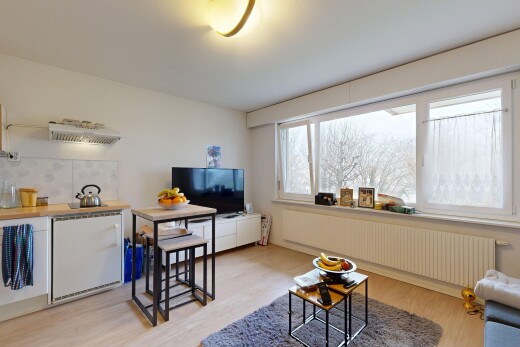 salon / salle à manger avec radiateur, télévision, sol en finition bois, wood finish floor, et cloison sèche