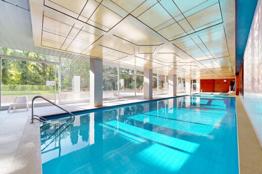 piscine avec piscine, terrasse, et rampe