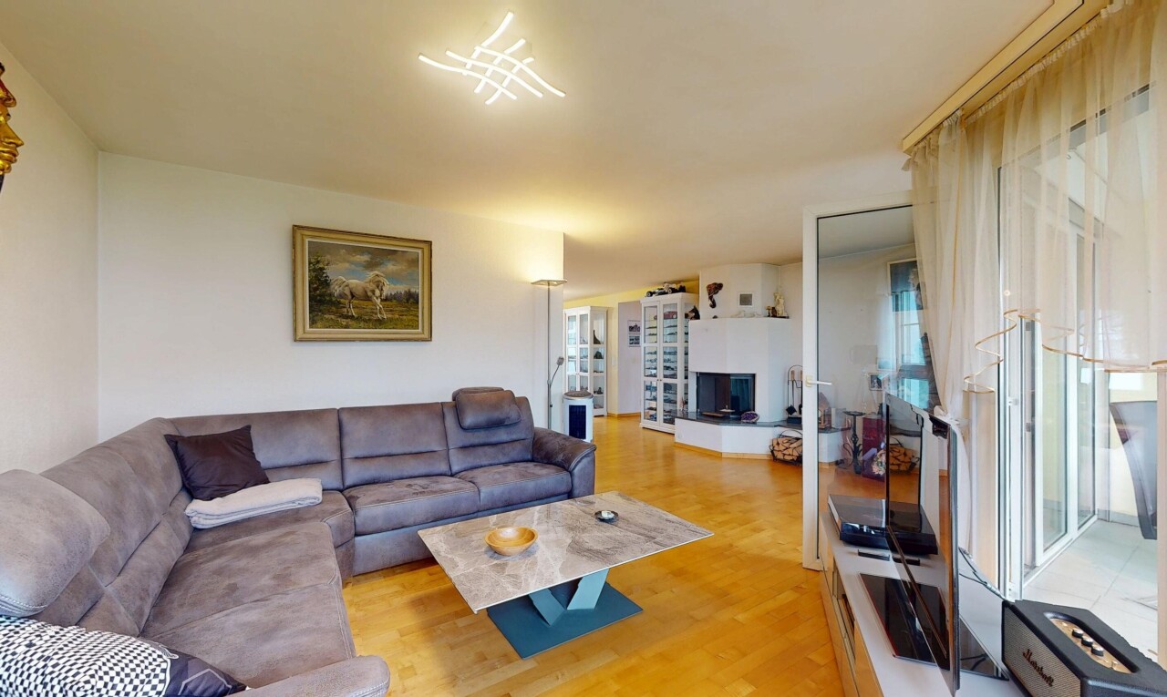 salon avec sol en finition bois, wood finish floor, cloison sèche, drywall, et télévision