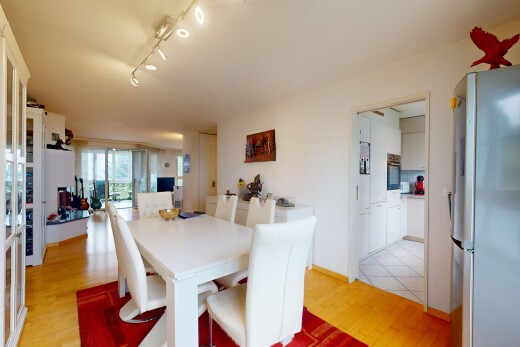 esszimmer mit holzfußboden, wood finish floor, natürliches licht, natural light, und gipskartonwand