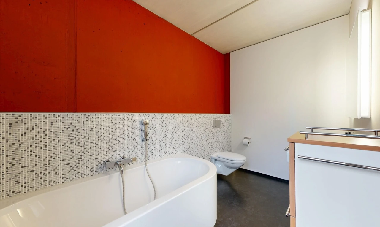 salle de bains avec bain, lavabo (ou coiffeuse selon le contexte), salle de bain complète, dark floor, et drywall
