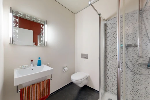 salle de bains avec salle de bain complète, douche, miroir, drywall, et cloison sèche