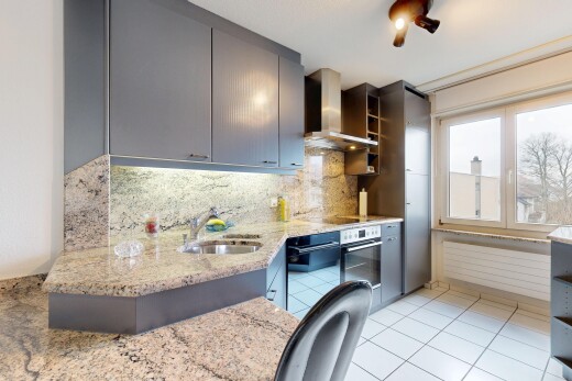 küche mit offene regale, dunstabzugshaube, inside property, natürliches licht, und natural light