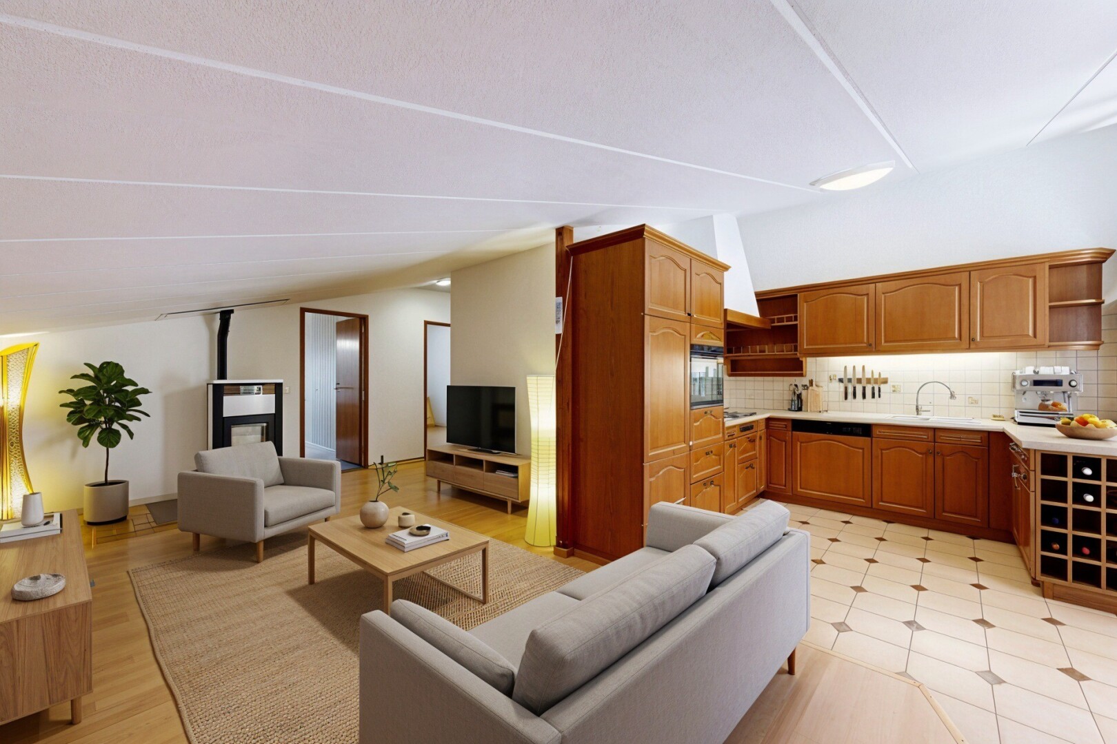 küche mit bogenförmige schränke, arched cabinets, light floor, dachschräge, und vaulted ceiling