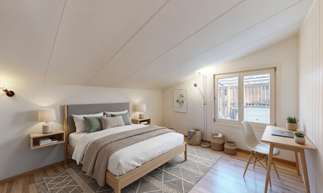 leerer raum mit wood finish floor, holzfußboden, inside property, vaulted ceiling, und dachschräge