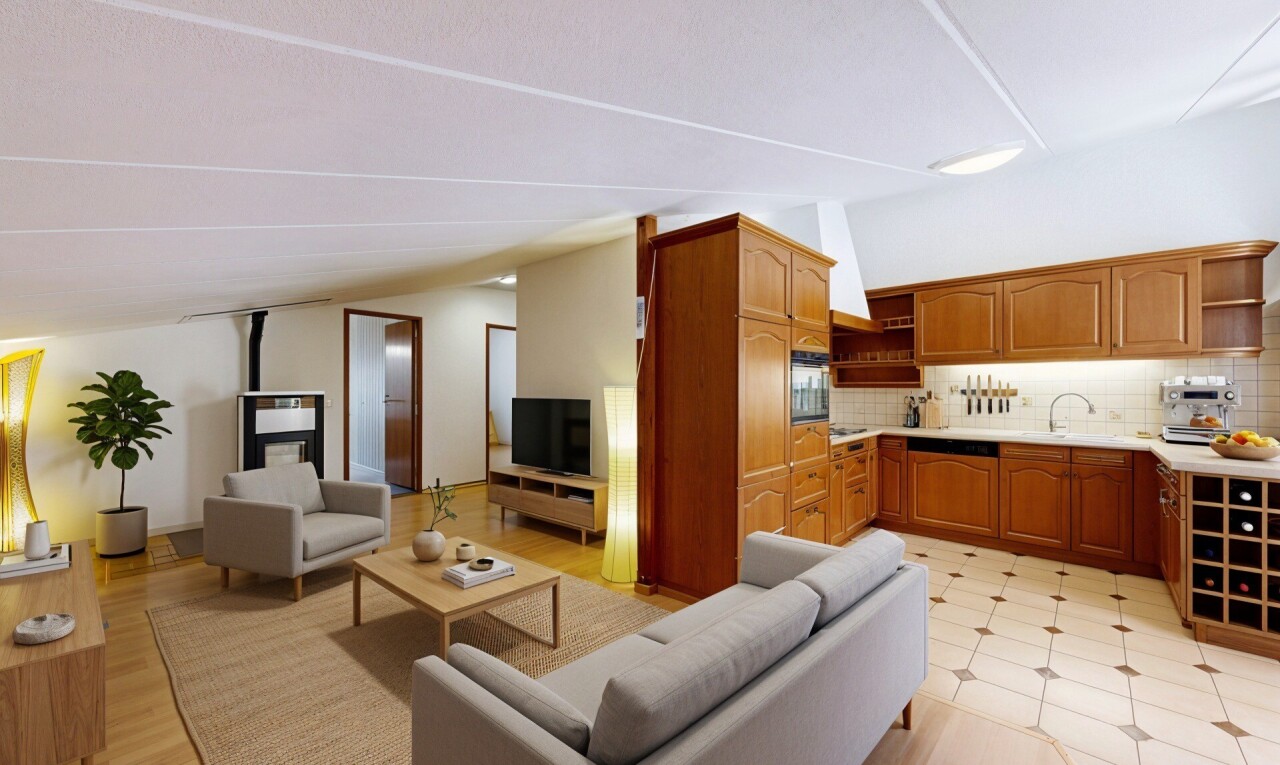 küche mit bogenförmige schränke, arched cabinets, light floor, dachschräge, und vaulted ceiling
