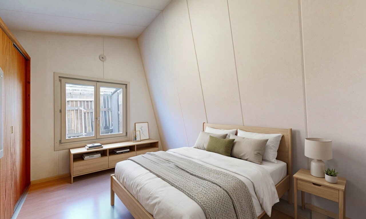 leerer raum mit vaulted ceiling, dachschräge, wood finish floor, holzfußboden, und natural light