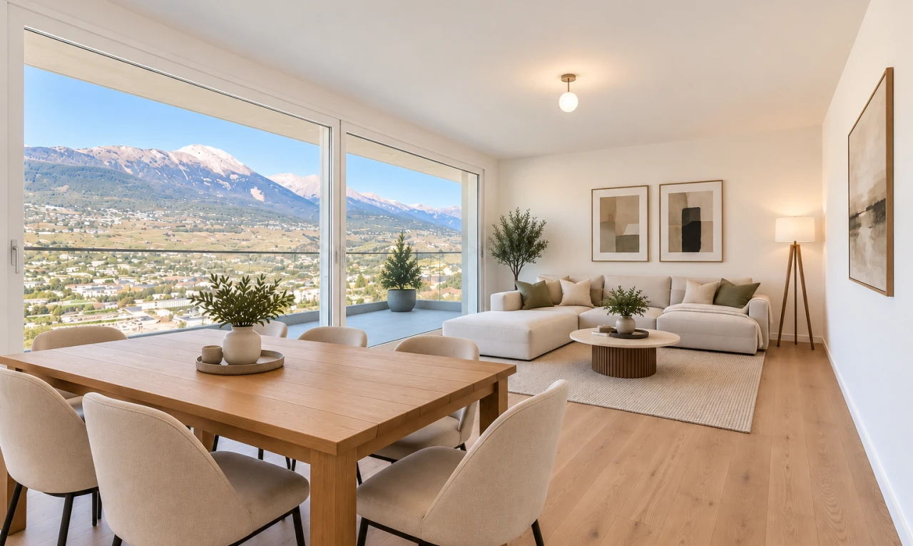 salon / salle à manger avec vue sur la montagne, mountain view, day time, view focus, et wood finish floor