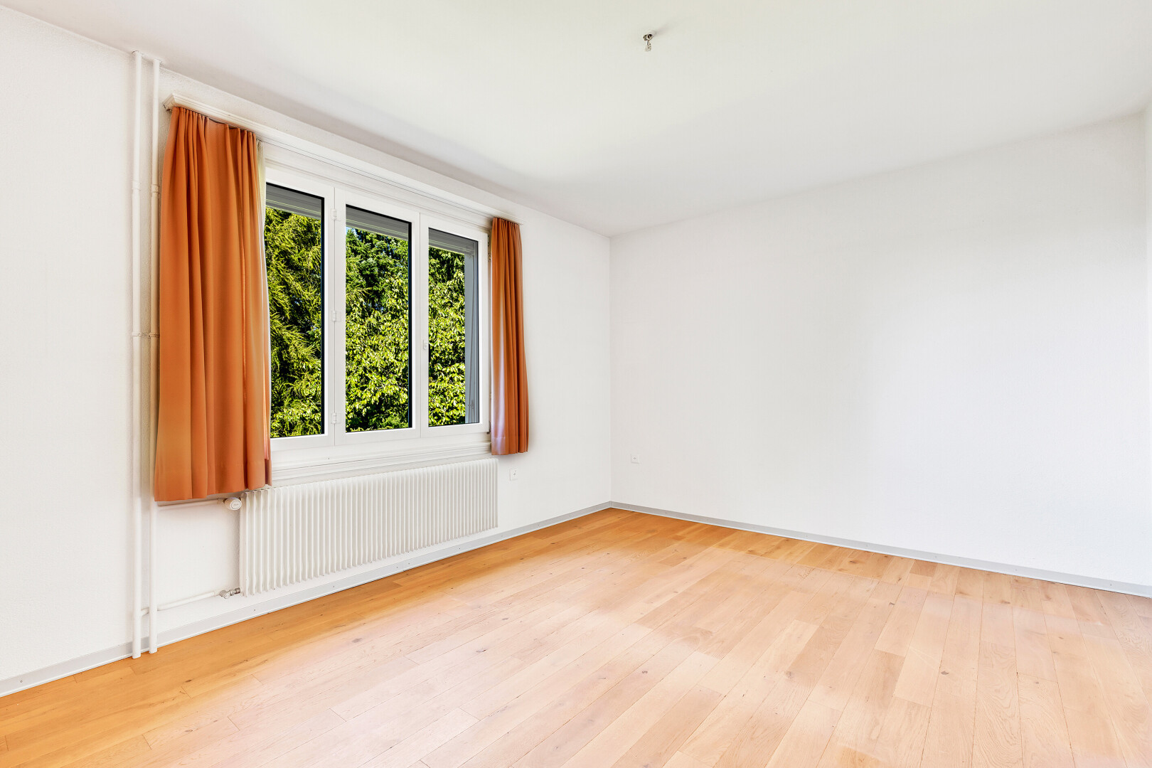 pièce vide avec radiateur, lumière naturelle, natural light, sol en finition bois, et wood finish floor