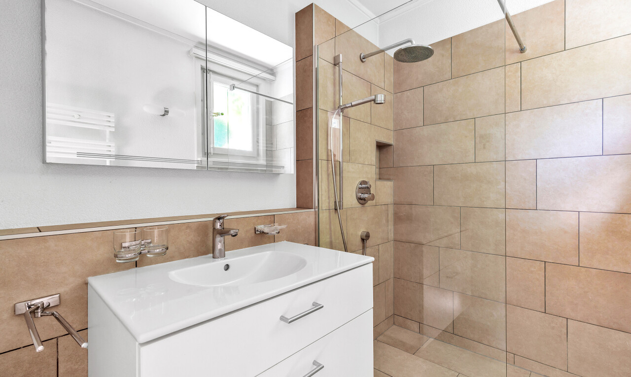 salle de bains avec lavabo (ou coiffeuse selon le contexte), douche, salle de bain complète, inside property, et natural light