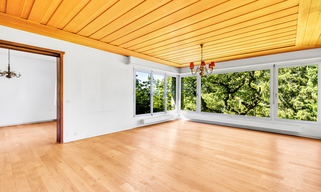 leerer raum mit bemerkenswerter kronleuchter, wood ceiling, holzdecke, inside property, und natural light