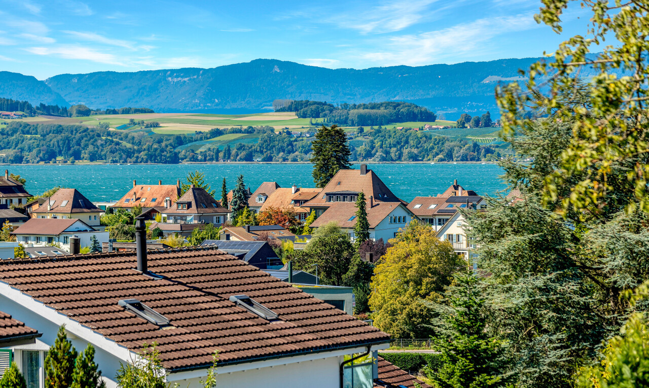 blick auf die berge mit drone view, blick auf die berge, mountain view, day time, und wohngebietblick