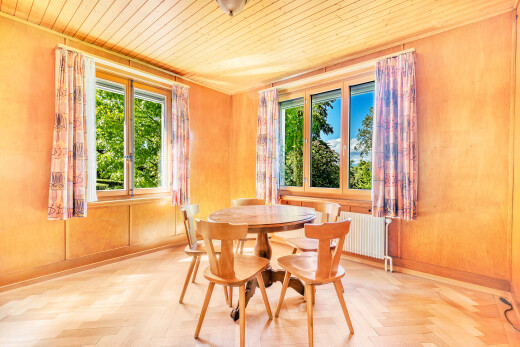 salle à manger avec lumière naturelle, natural light, radiateur, parquet floor, et plinthes murales