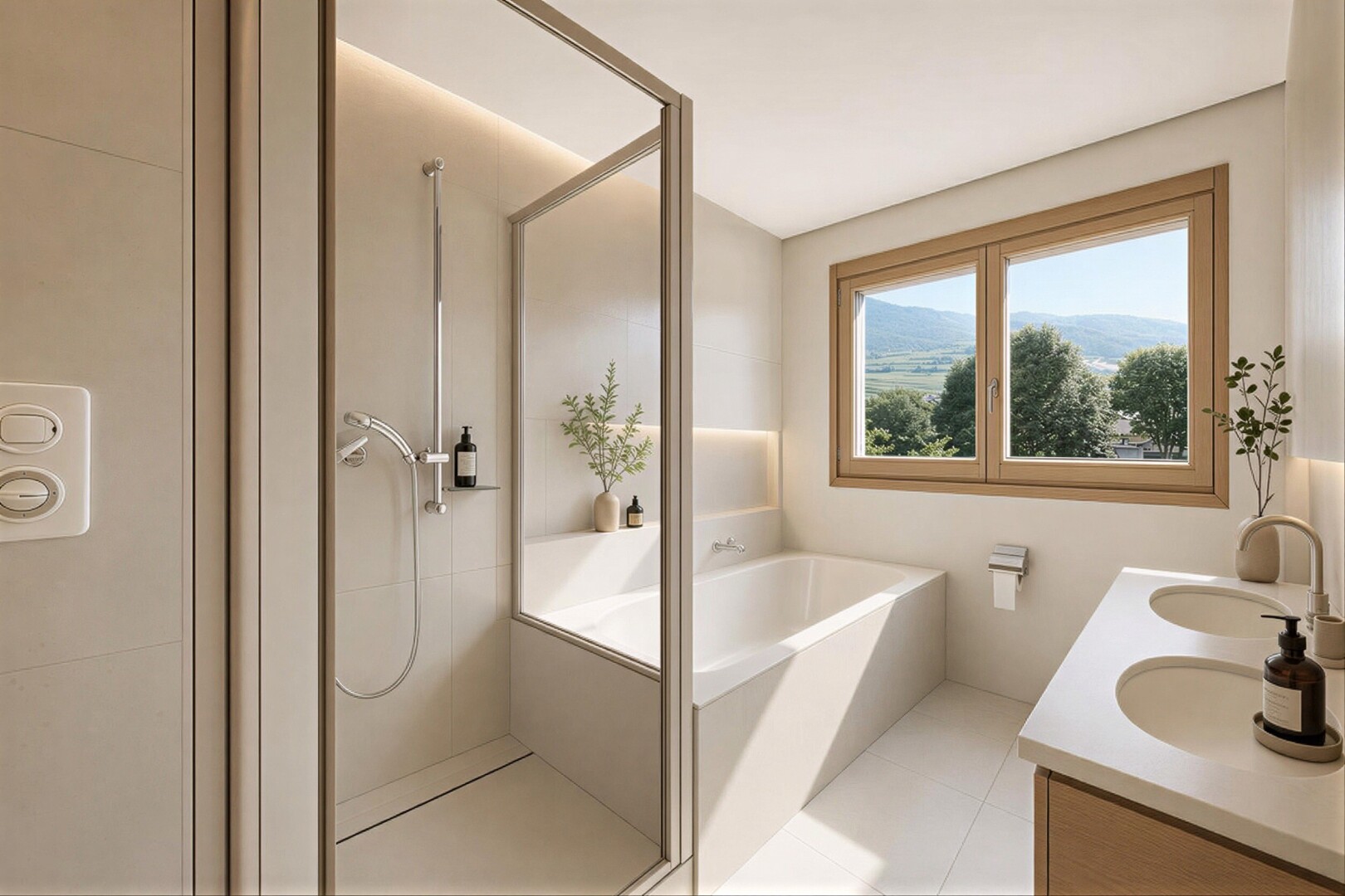 bad mit dusche, doppelwaschtisch, bad, fliesenwand, und tile wall