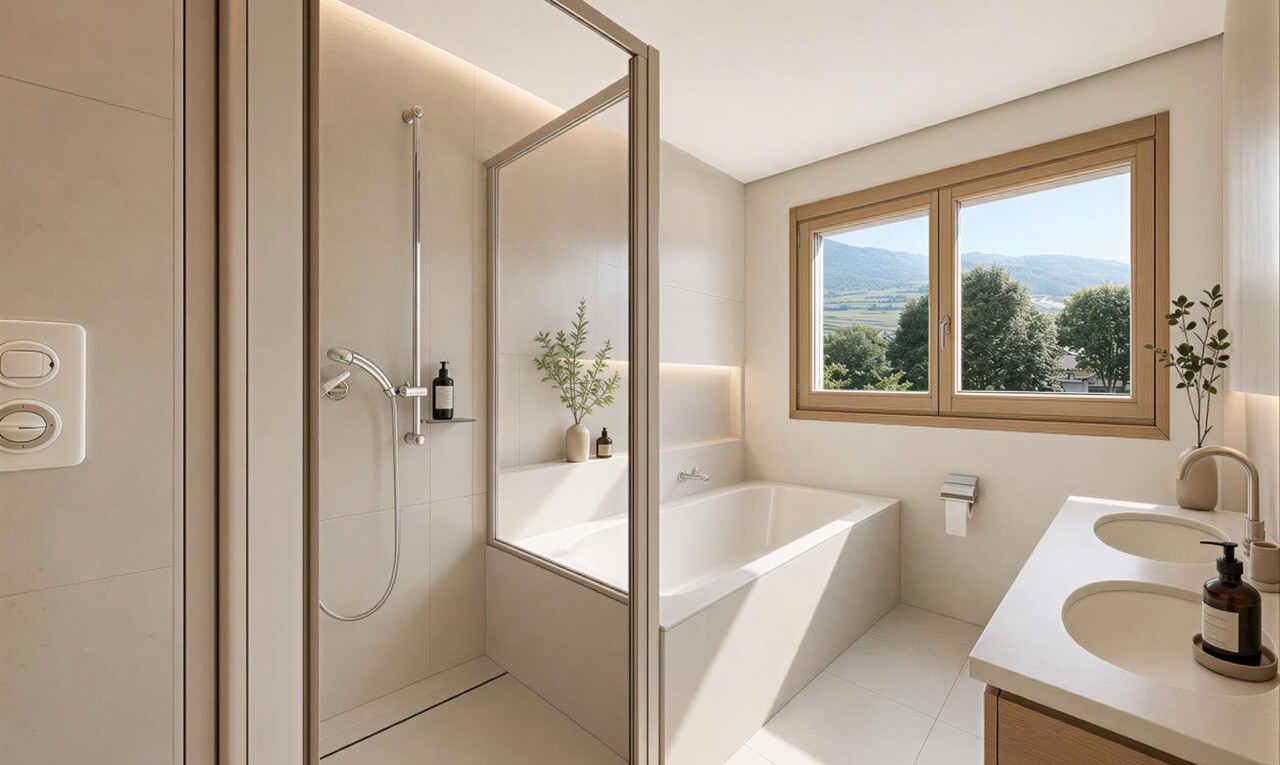 bad mit dusche, doppelwaschtisch, bad, fliesenwand, und tile wall
