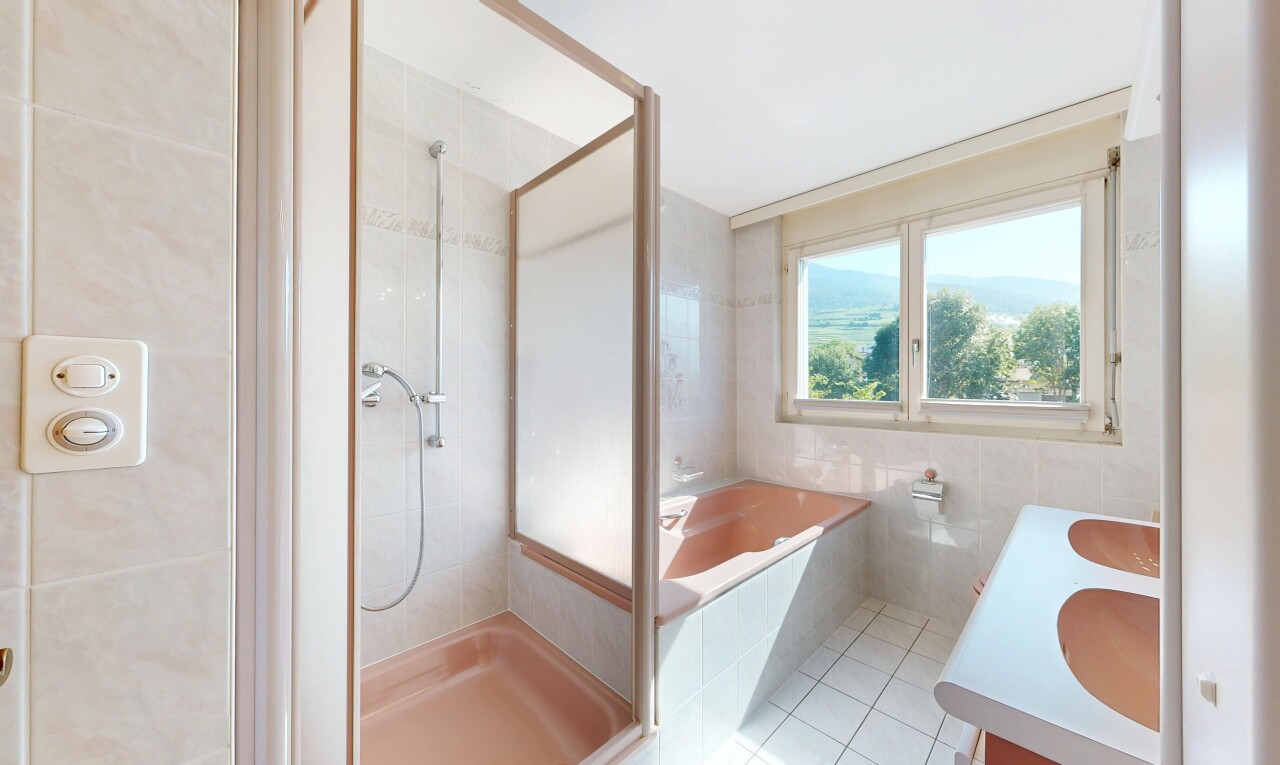 bad mit dusche, doppelwaschtisch, bad, fliesenwand, und tile wall