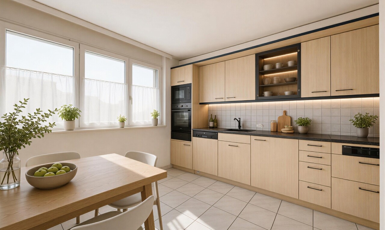 küche mit hellbraune schränke, light brown cabinets, arbeitsplatten, dark countertops, und light floor