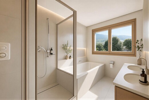 bad mit dusche, doppelwaschtisch, bad, fliesenwand, und tile wall