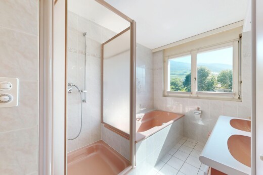 bad mit dusche, doppelwaschtisch, bad, fliesenwand, und tile wall