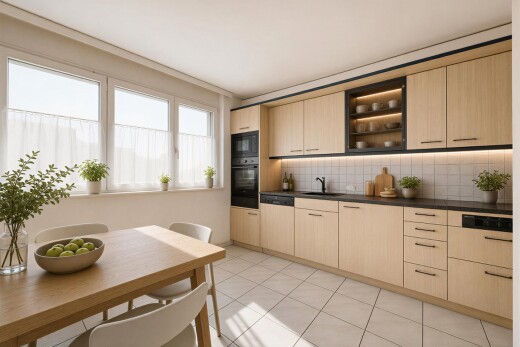 küche mit hellbraune schränke, light brown cabinets, arbeitsplatten, dark countertops, und light floor
