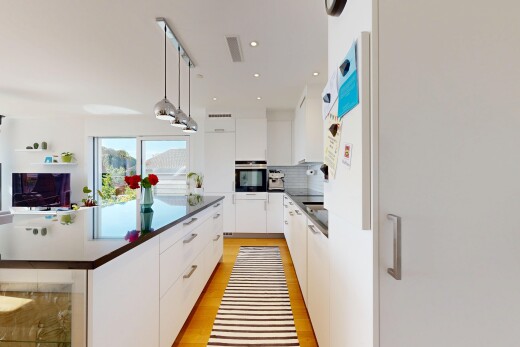 cuisine avec armoires à panneau plat, flat panel cabinets, plans de travail, dark countertops, et armoires blanches
