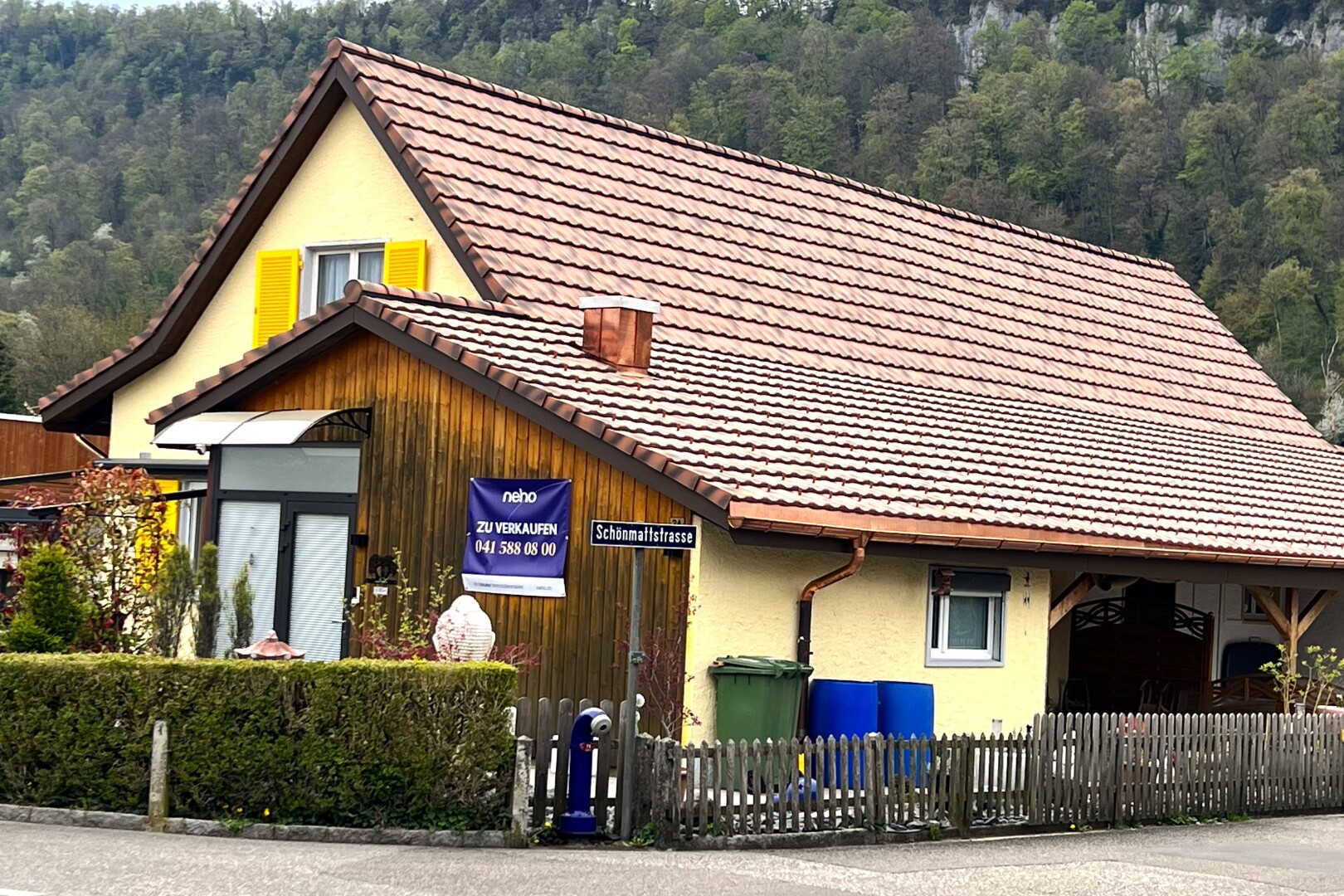 façade avec toit en tuiles, vue sur la forêt, forest view, bardage en stuc, et clôture