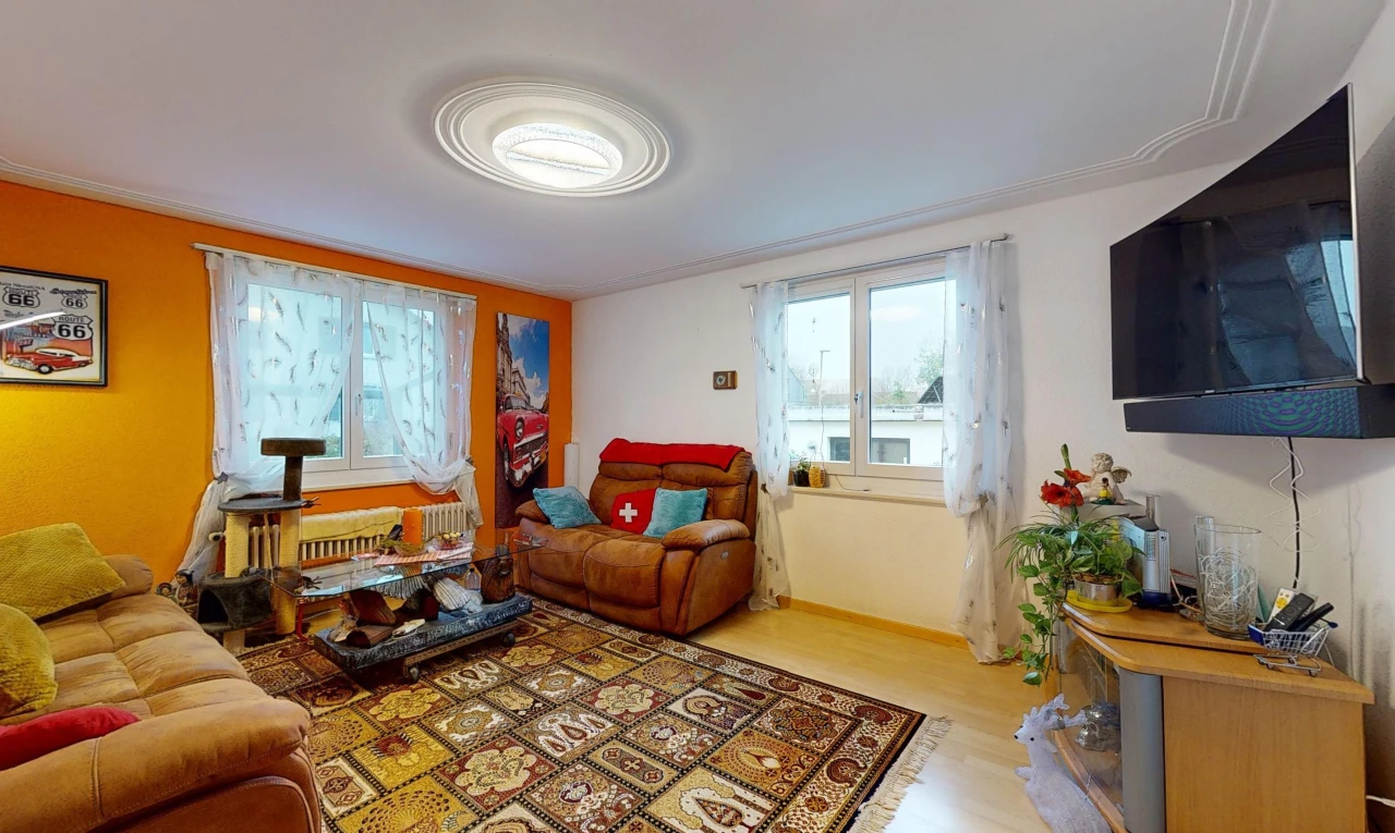salon avec lumière naturelle, plancher de bois, et télévision