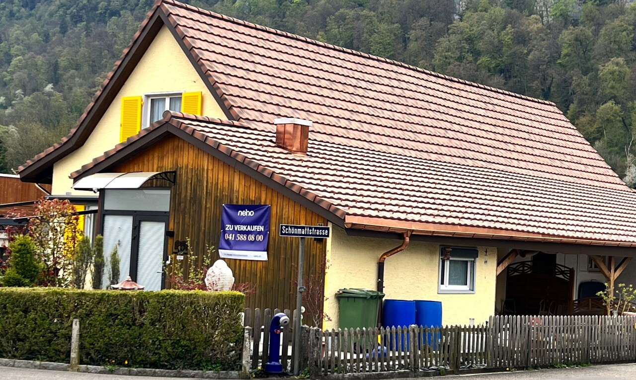 façade avec toit en tuiles, vue sur la forêt, forest view, bardage en stuc, et clôture