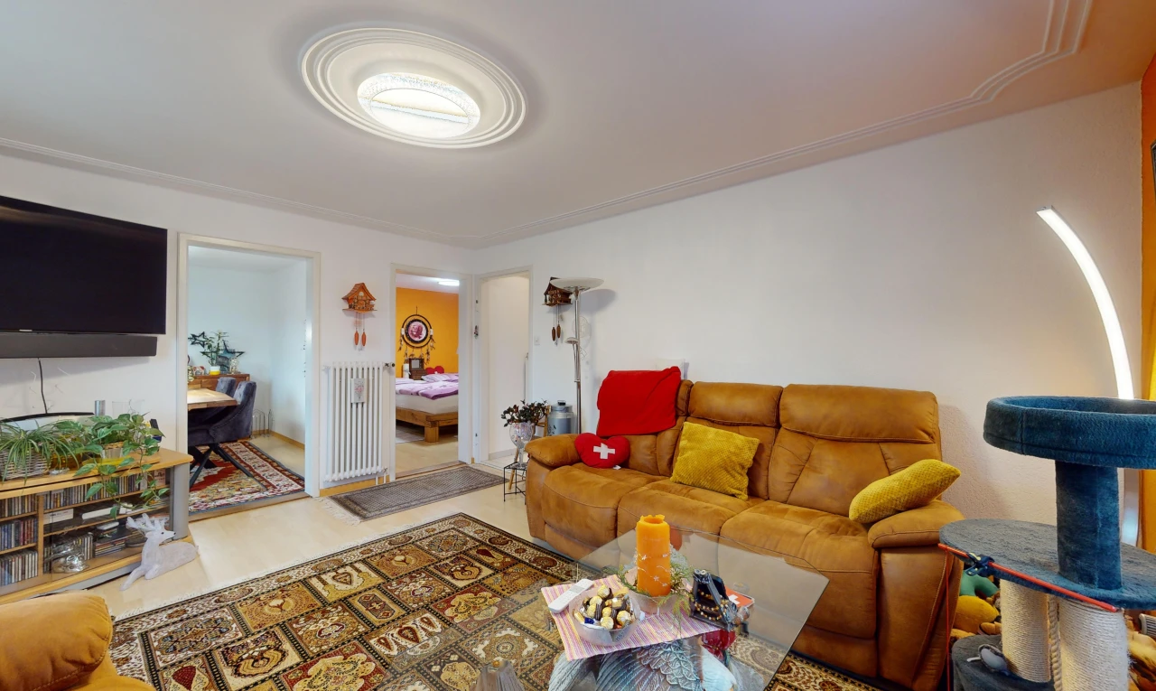 salon avec télévision et plancher de bois