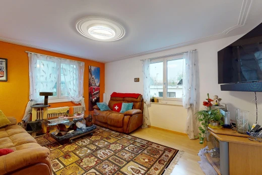 salon avec lumière naturelle, plancher de bois, et télévision