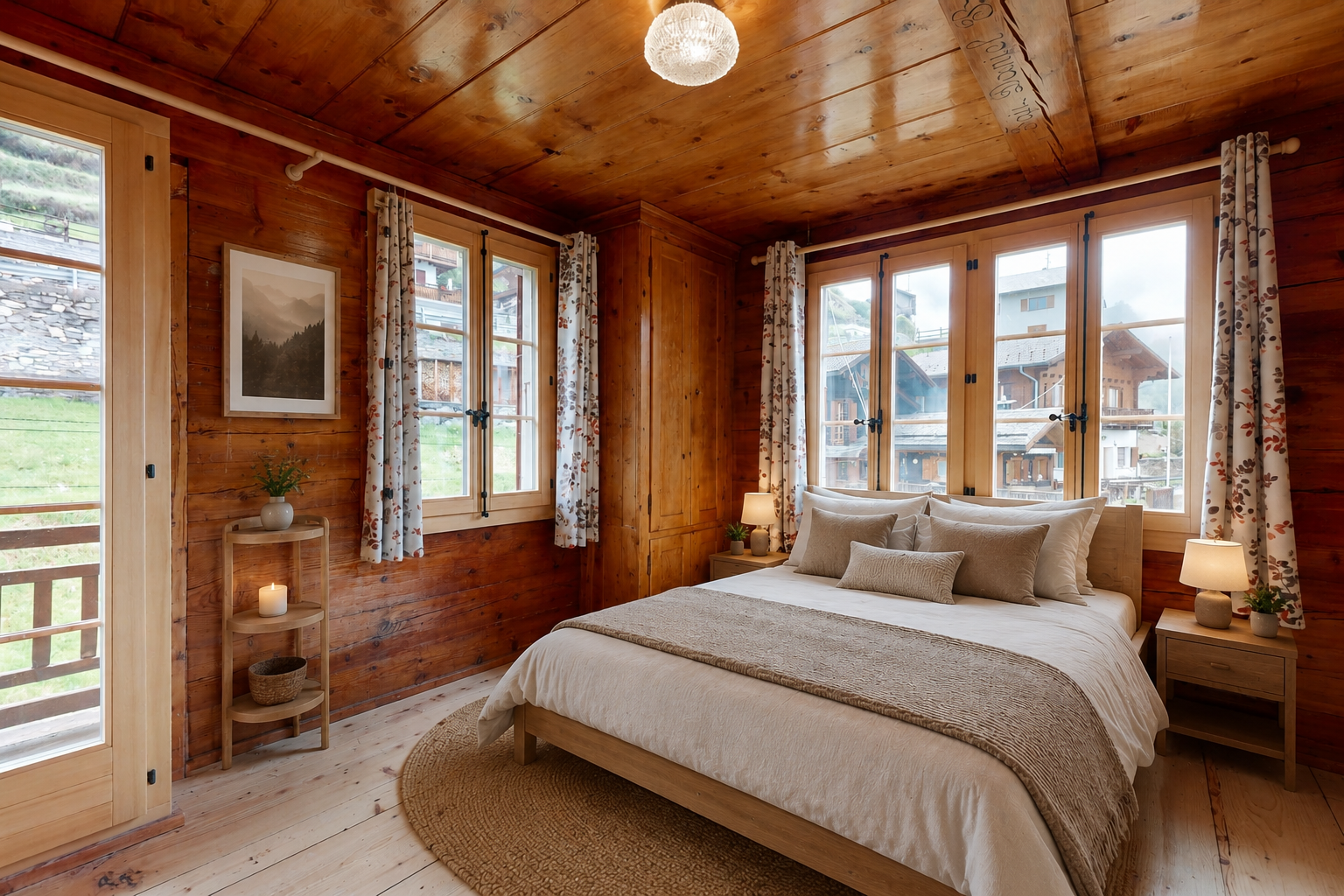 chambre avec wood ceiling, plafond en bois, wood wall, mur en bois, et inside property