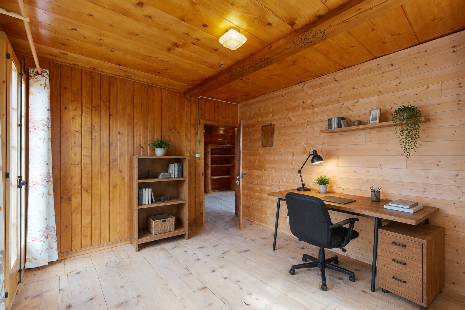 bureau avec wood finish floor, sol en finition bois, beamed ceiling, plafond à poutres, et hardwood floor