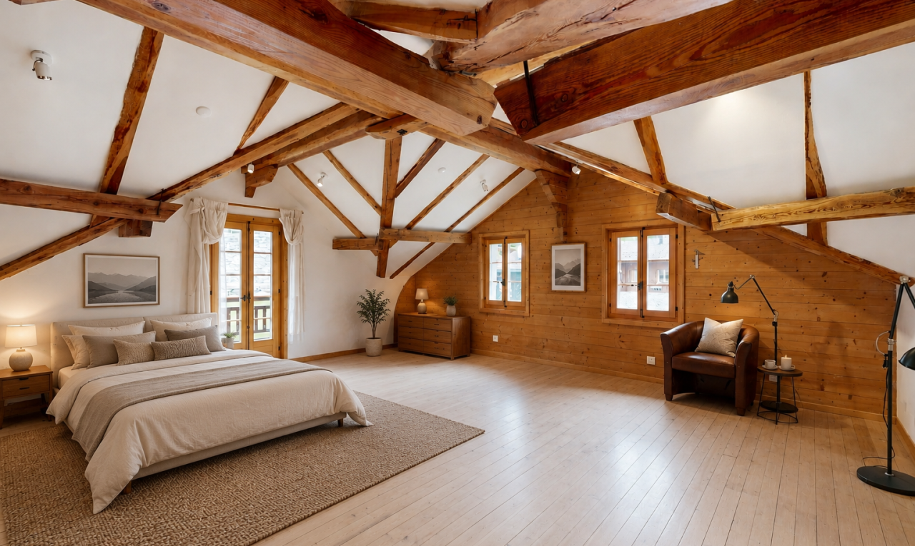 chambre avec plafond à poutres, beamed ceiling, mur en bois, wood wall, et inside property